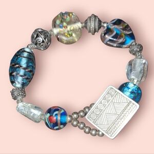 Signed pewter and art glass beaded vintage bracelet dichroic foil blown glass